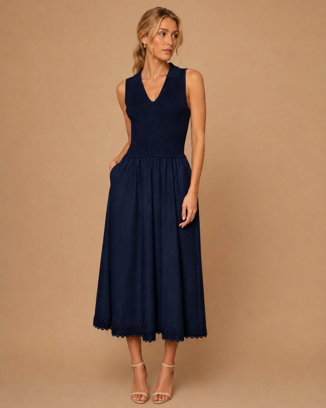 Robe Élyane — Maille Marine & Jupe Brodée