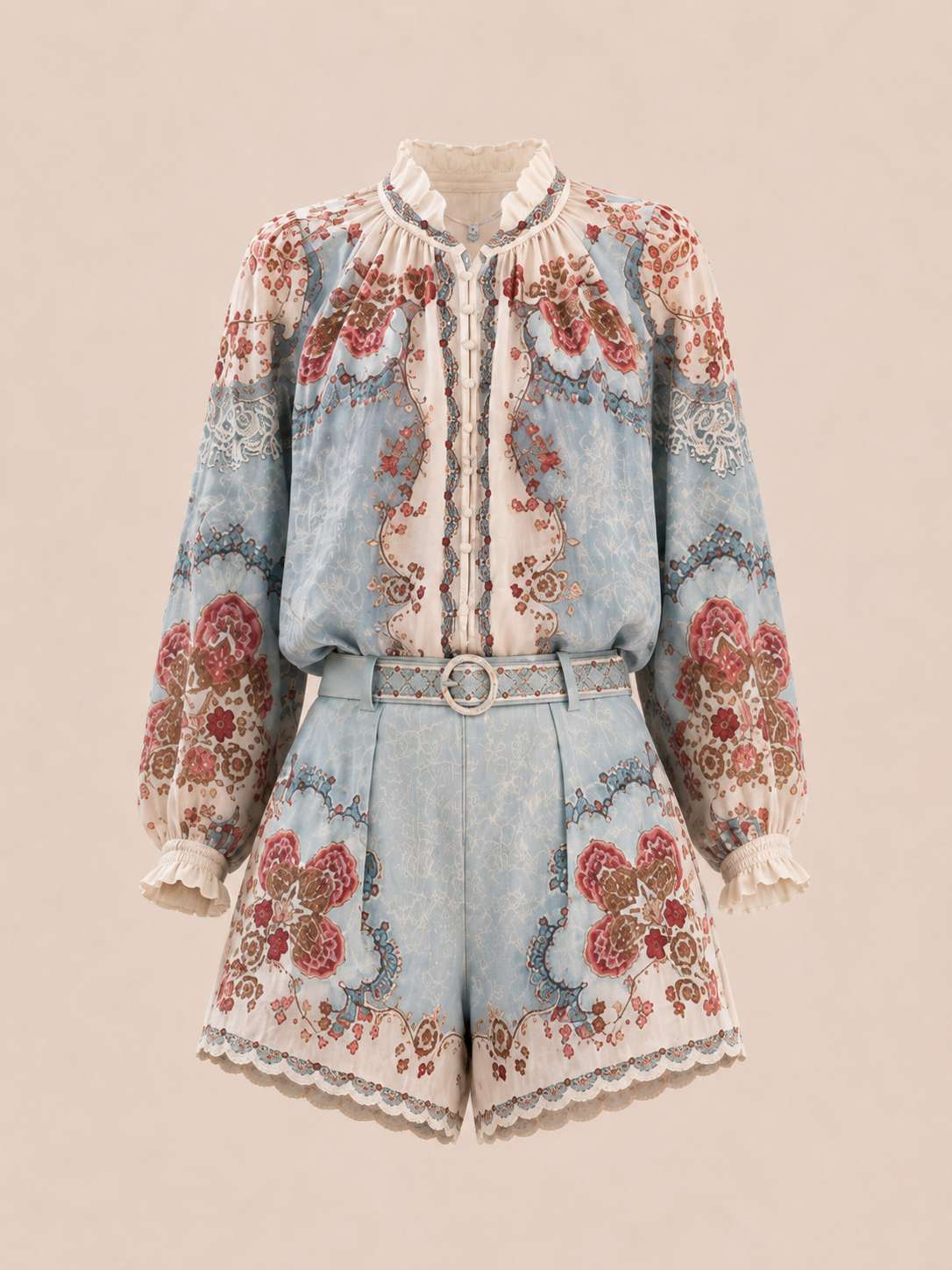 Ensemble Rosélia — Broderies Fleuries Bleu Ciel