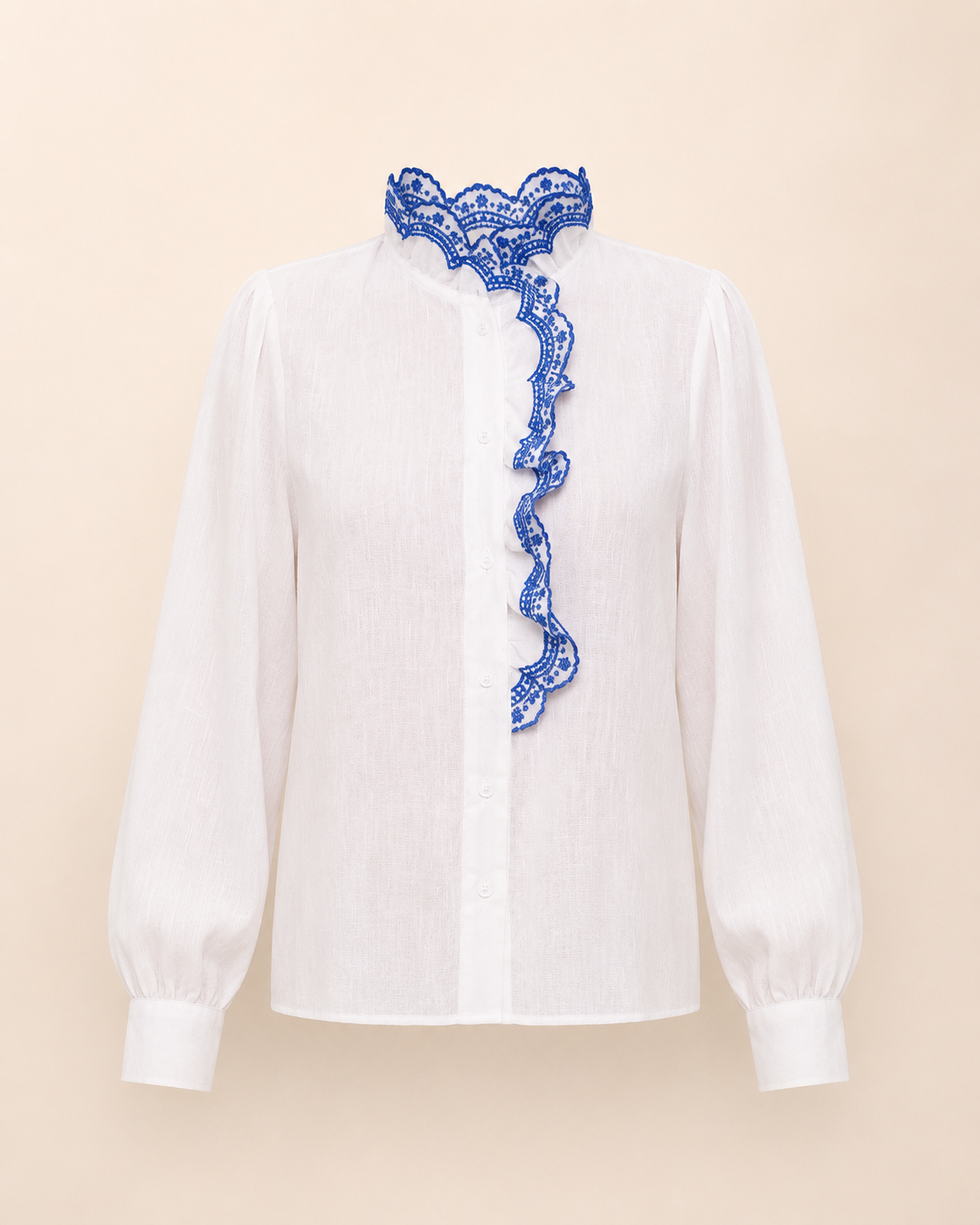 Top Azélia — Voile Ivoire & Broderies Bleu Royal