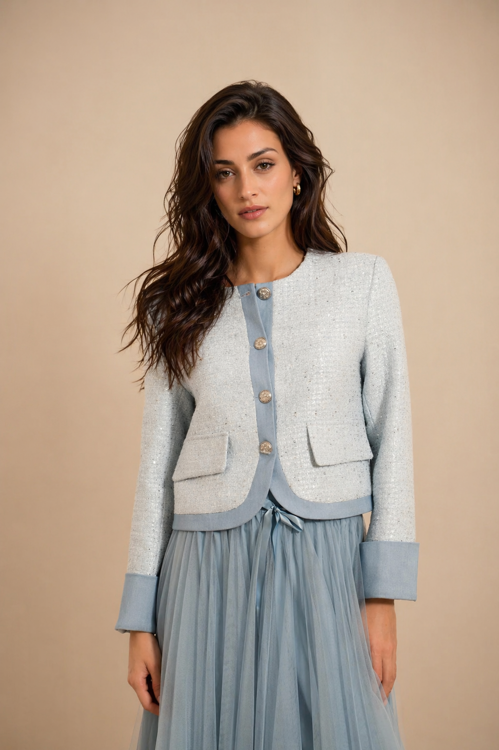 Veste Auréline — Tweed Bleu Perle & Denim Couture